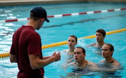 Swim coach instructing competitive swimmers.
