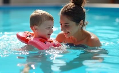 Child learning to swim with instructor.