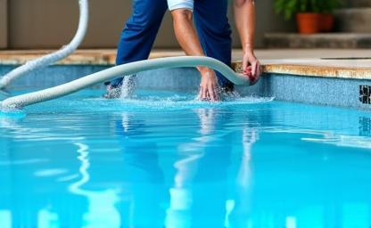 Pool maintenance technician cleaning a pool.